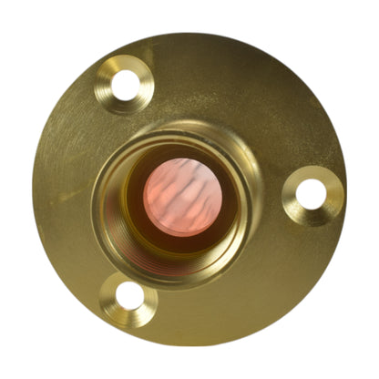 Polished brass flange face with central port and threaded connection opening