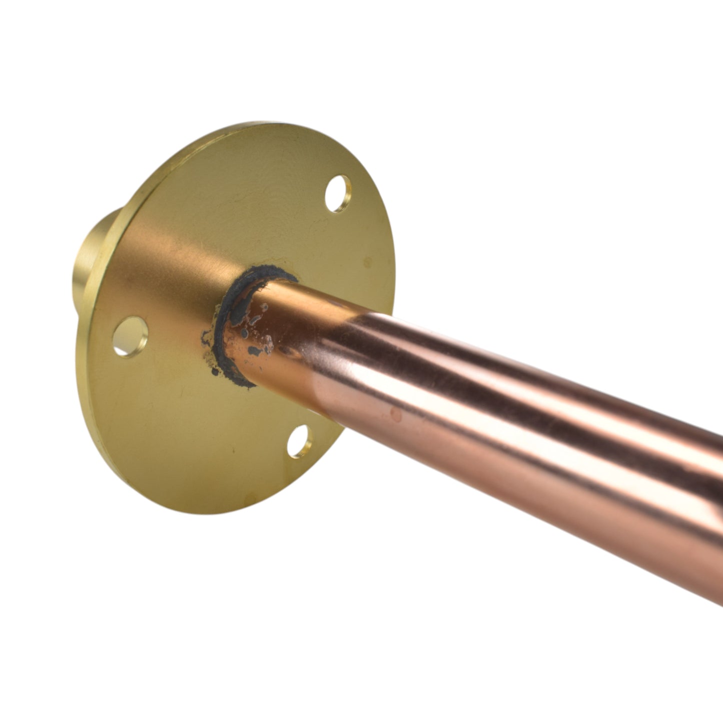 Brass flange end with mounting holes and copper tube through center