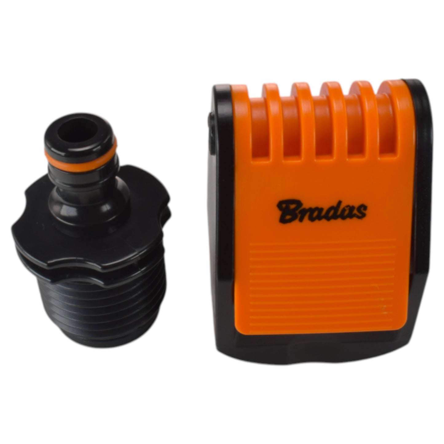 Black threaded base with black seal and orange Bradas-style adapter head.