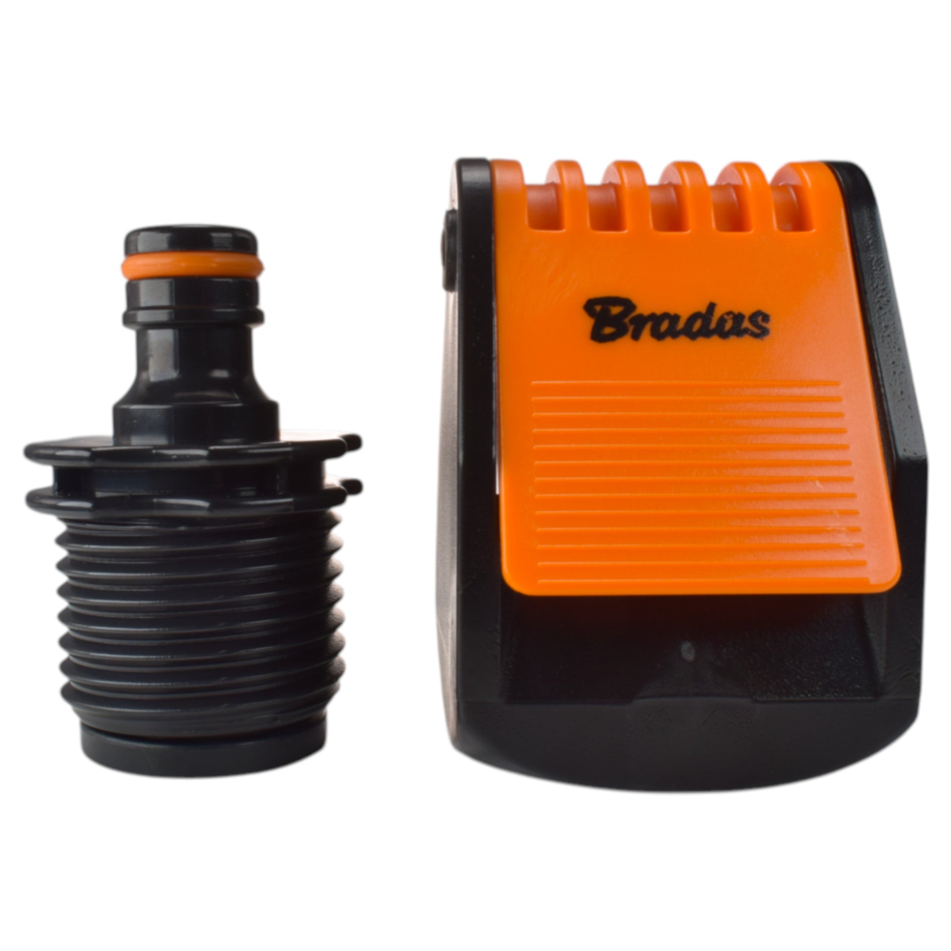 Tap adapter connection with orange front panel and black connector base.