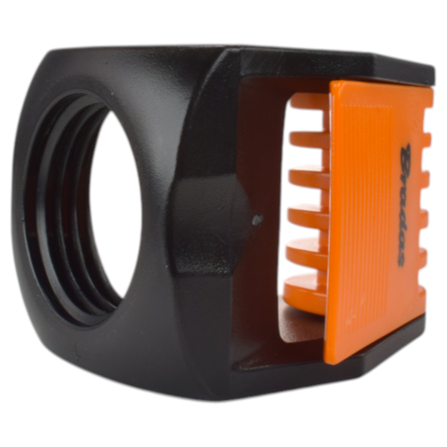 Close-up of black connection ring and orange ridged latch on the adapter.
