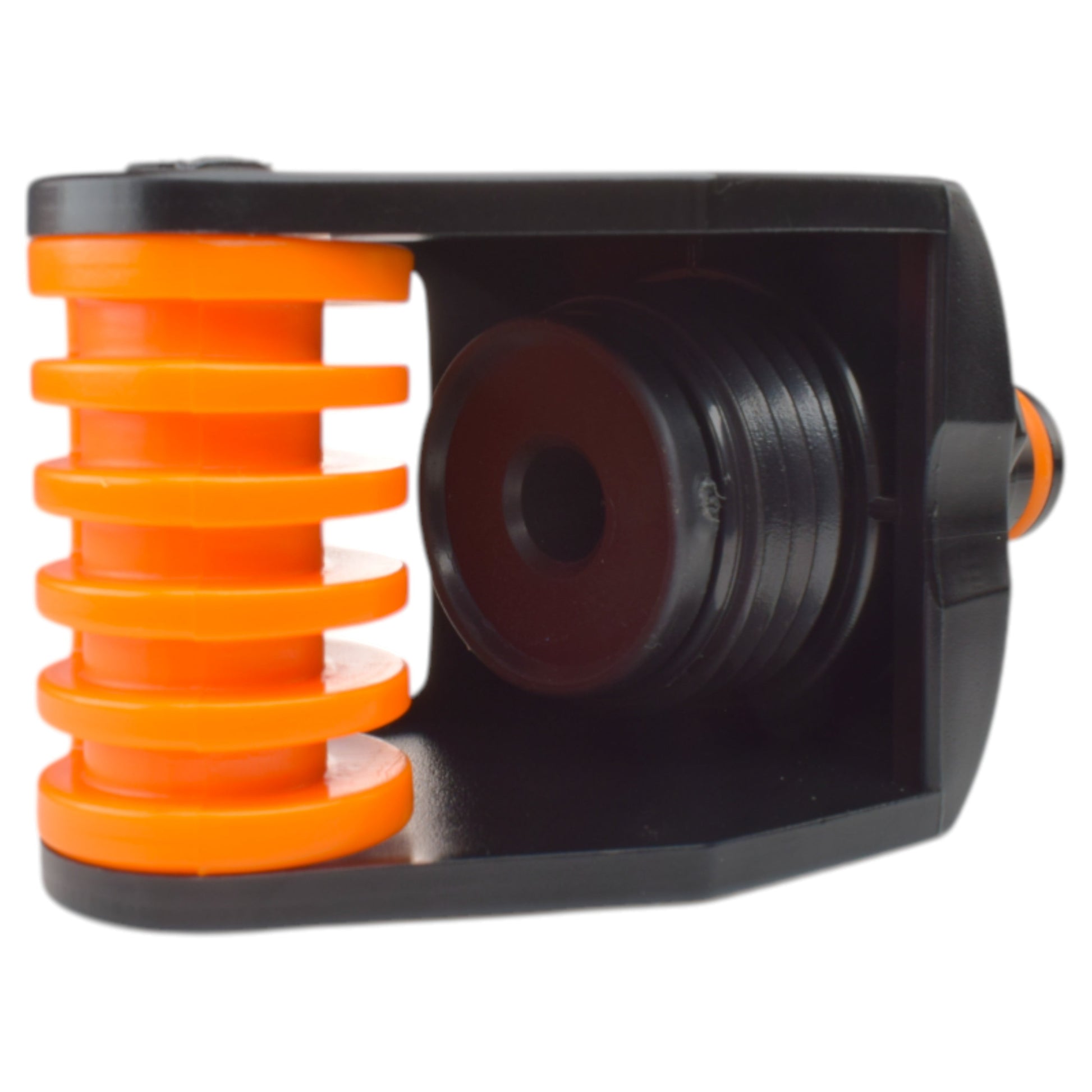 Tap adapter connection with orange spring collar and black threaded connector.