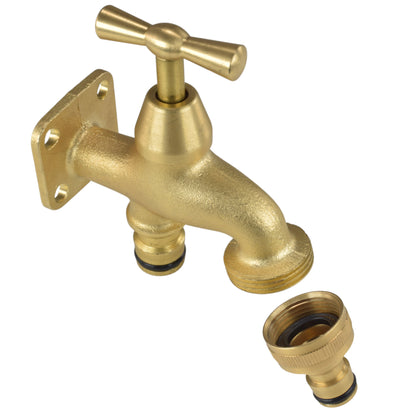 Brass bib tap with dual quick-connect fittings and outlet spout, angled view