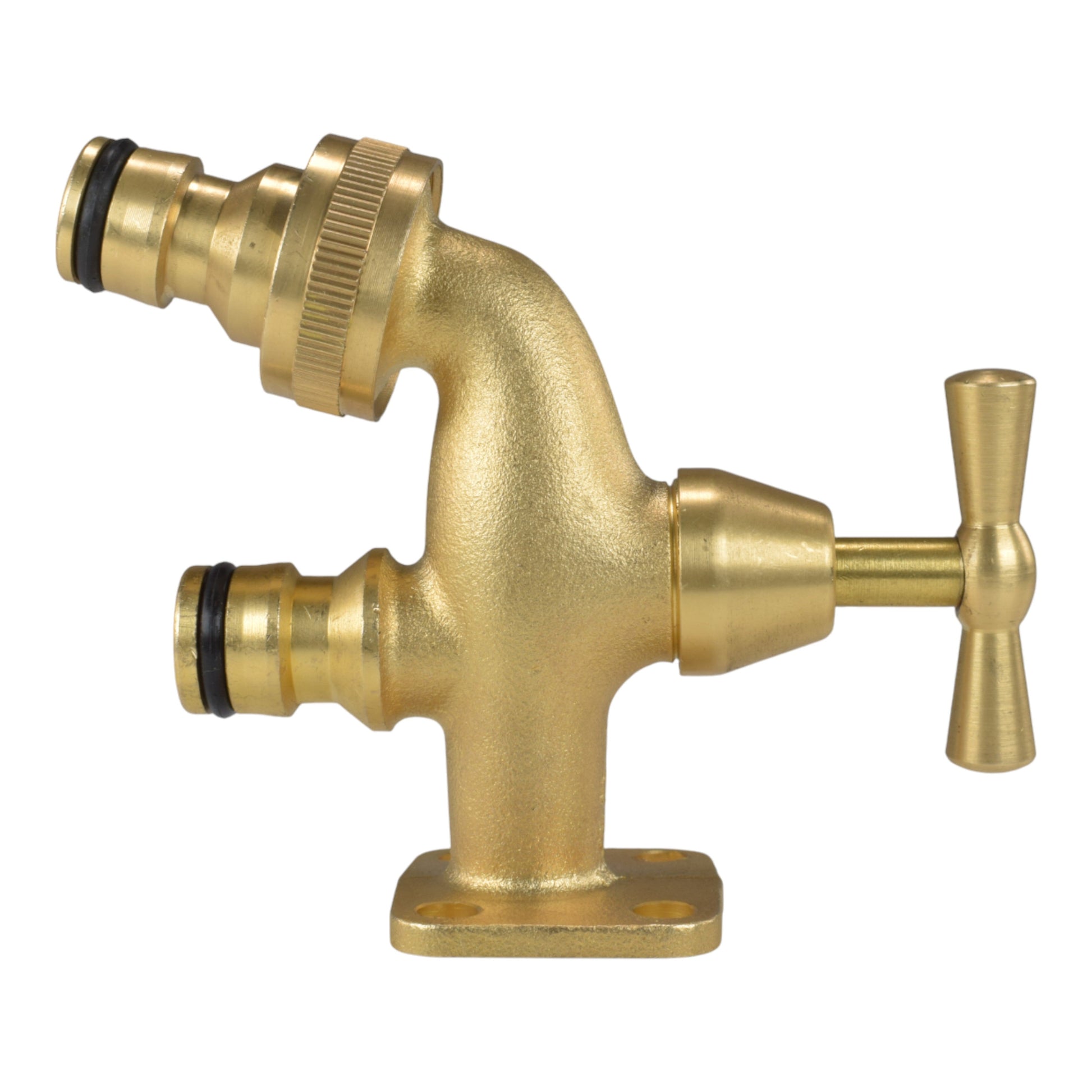 Brass bib tap with quick-connect outlets and control handle, base mount