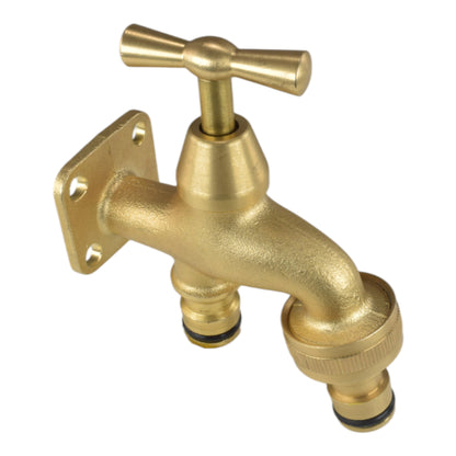 Brass bib tap with quick-connect inlet and outlet, wall-mount flange