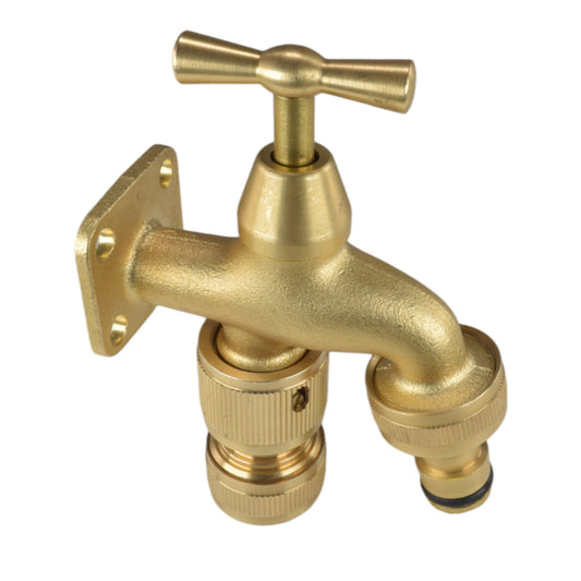 Brass bib tap with quick-connect inlets and hose connector, wall mounting flange