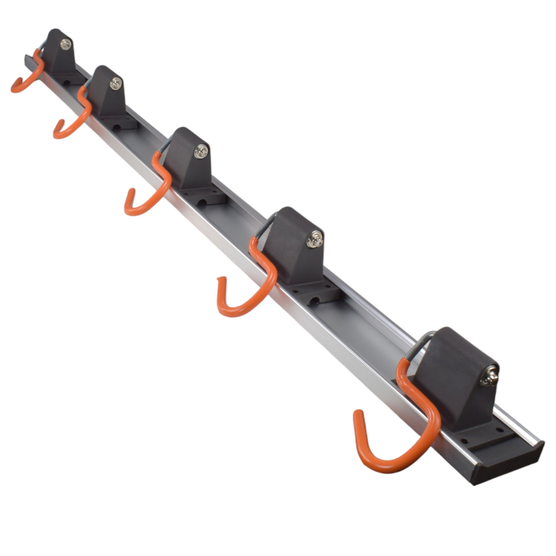 Angled view of 5-hook tool rack rail with orange S hooks and fixing holes