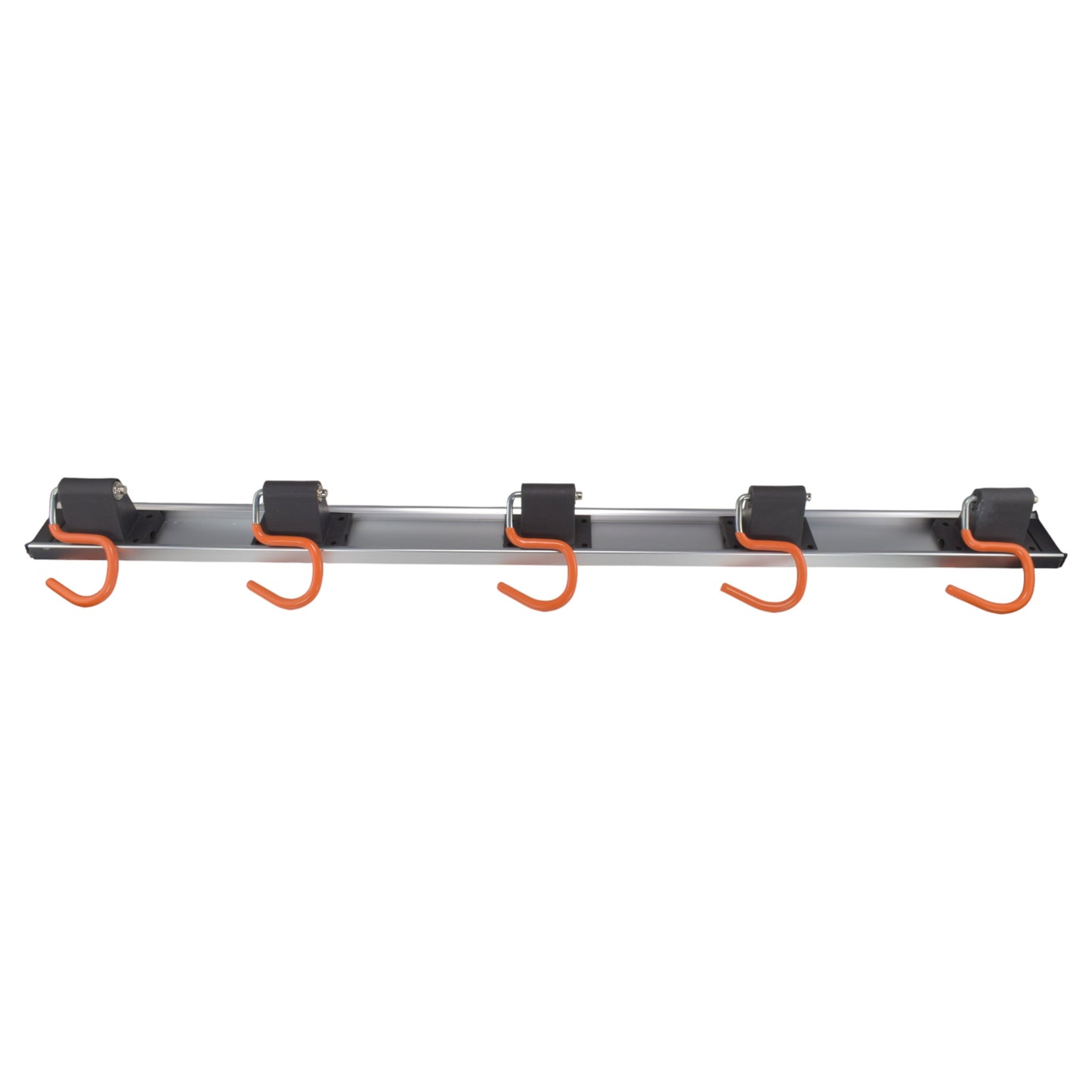 Front view of 5 orange S hooks attached to the metal wall rail