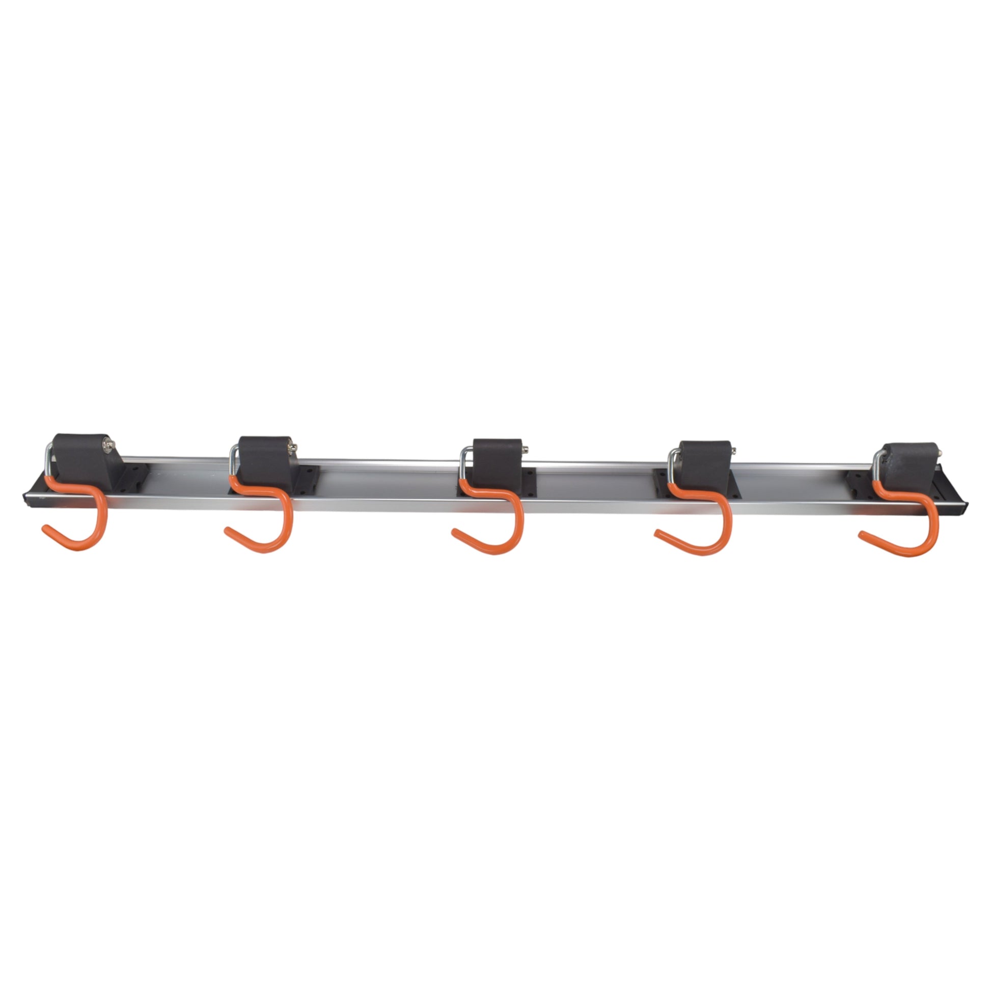 Front view of 5 orange S hooks attached to the metal wall rail