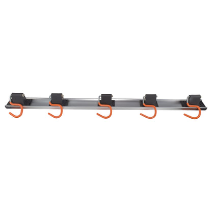 Front view of 5 orange S hooks attached to the metal wall rail
