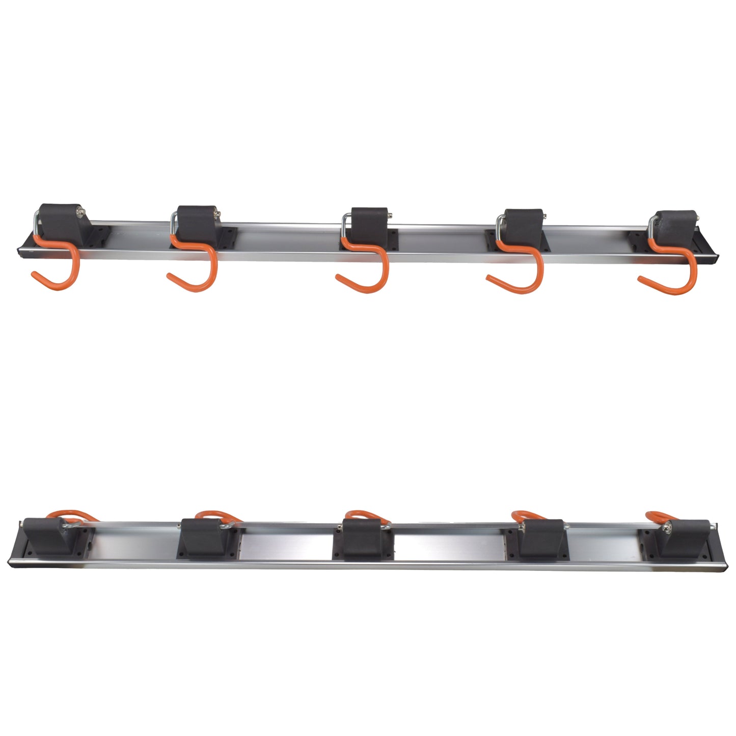 Wall tool rack rail with 5 orange S hooks across the full length