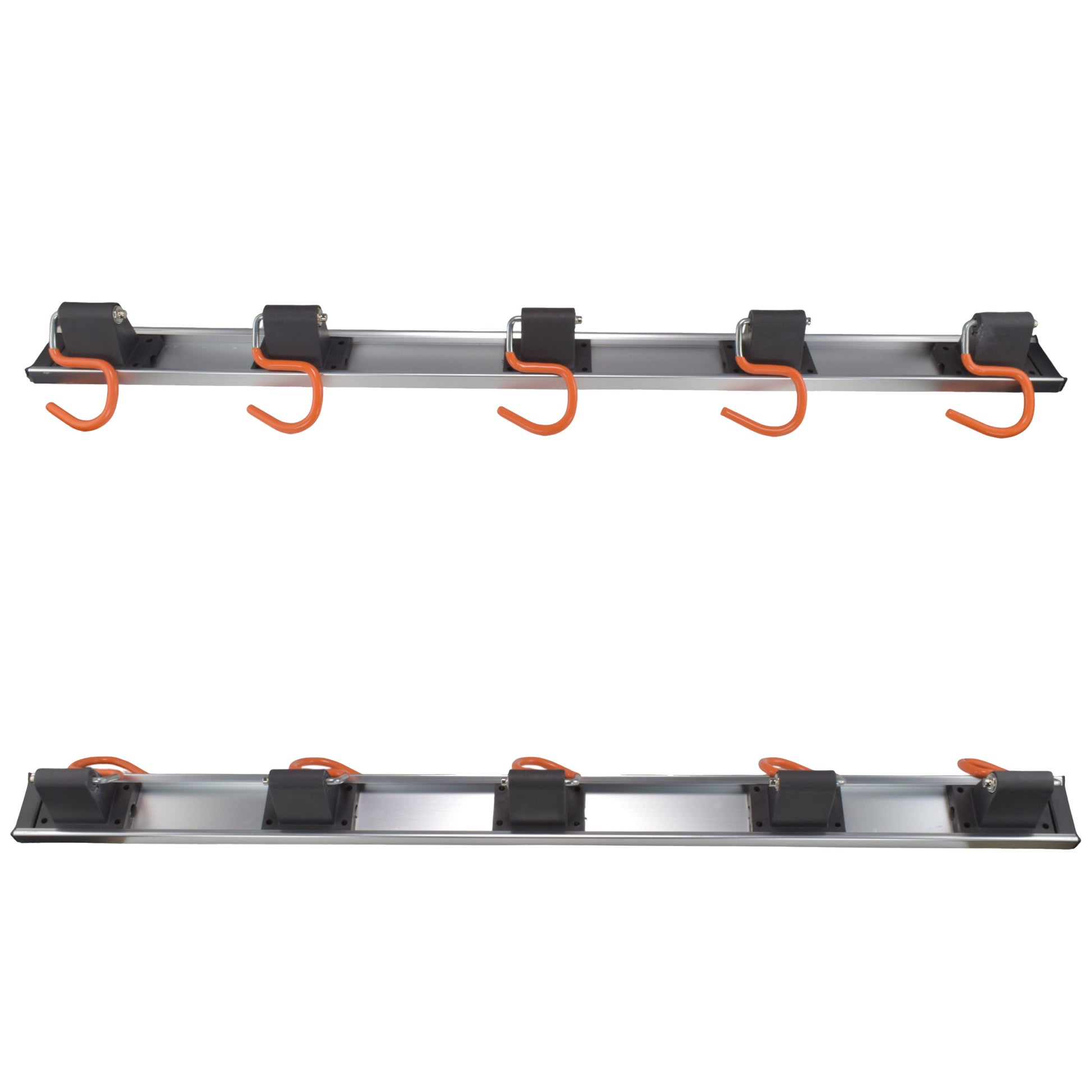 Wall tool rack rail with 5 orange S hooks across the full length
