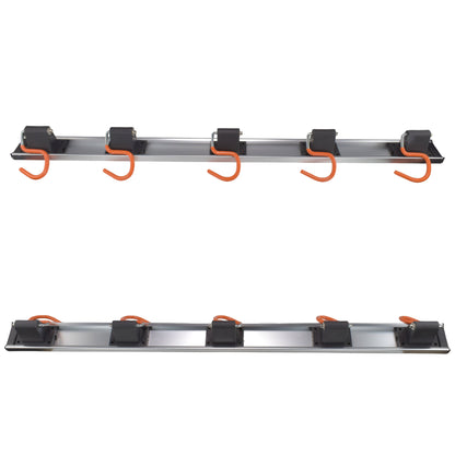 Wall tool rack rail with 5 orange S hooks across the full length