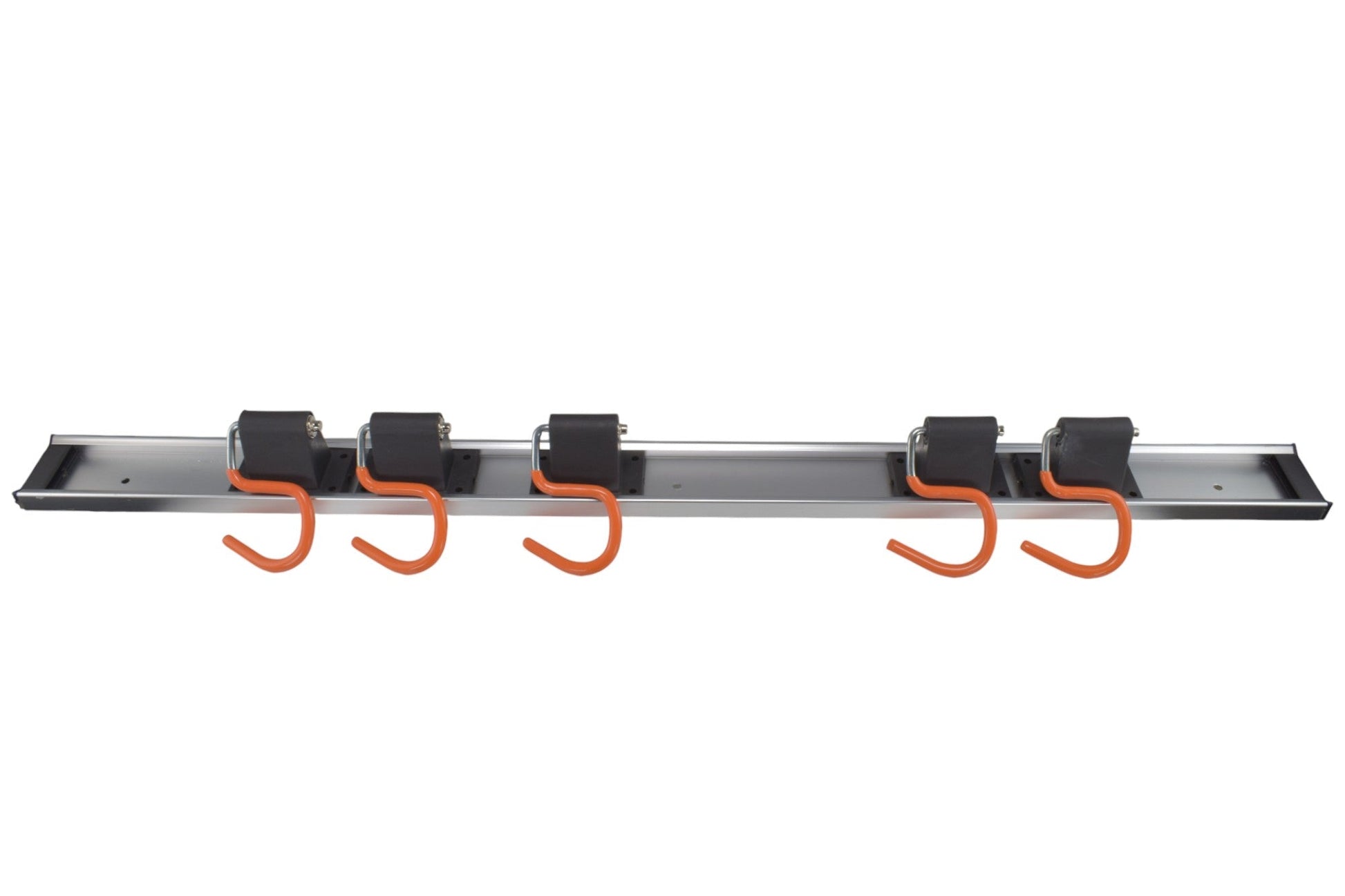 Tool storage rail with 5 orange S hooks on black bracket bases