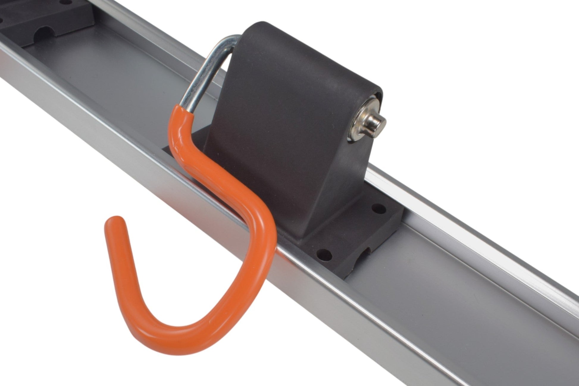 Close-up of orange S hook on black bracket within the metal rail
