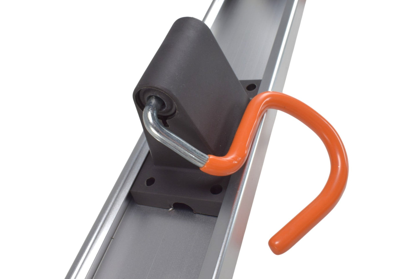 Close-up of orange S hook fitted to the black holder on the wall rail