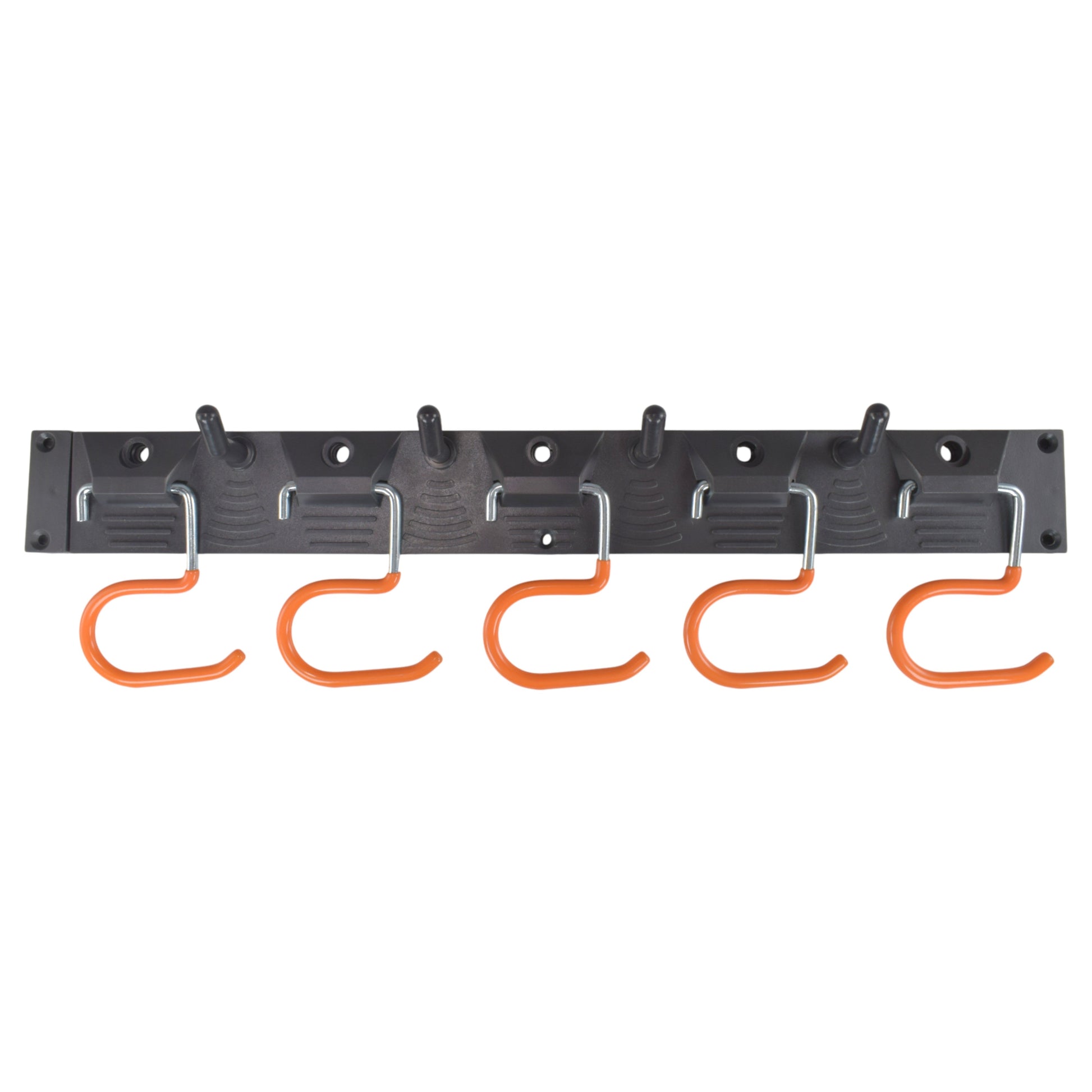 Tool rail with adjustable peg hooks and orange hanging S-hooks, black bar with holes
