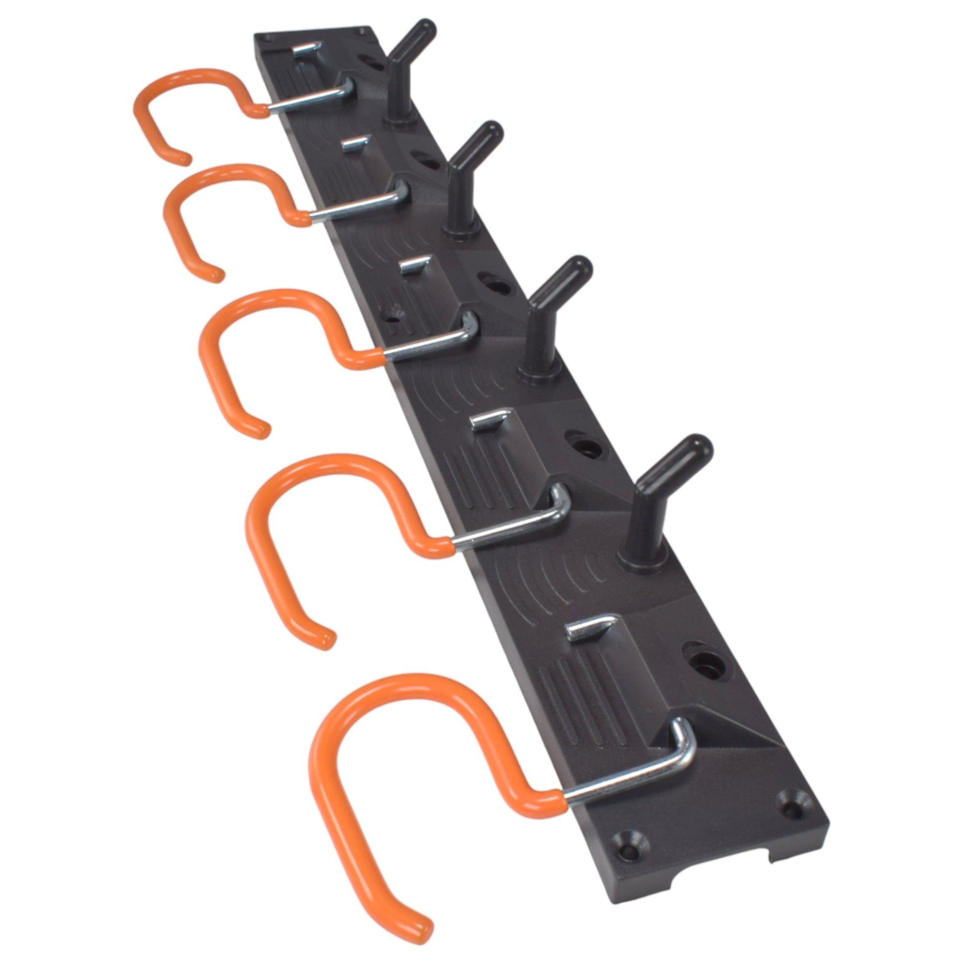 Adjustable peg hook tool rail with 5 orange hanging S-hooks on a black mounting strip