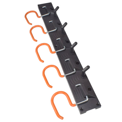 Black tool rail with orange S-hooks and pivoting peg-style hook holders
