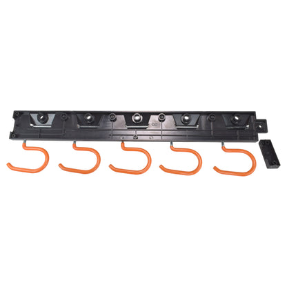 Tool rail with multiple orange S-hanging hooks and metal mounting points on black strip