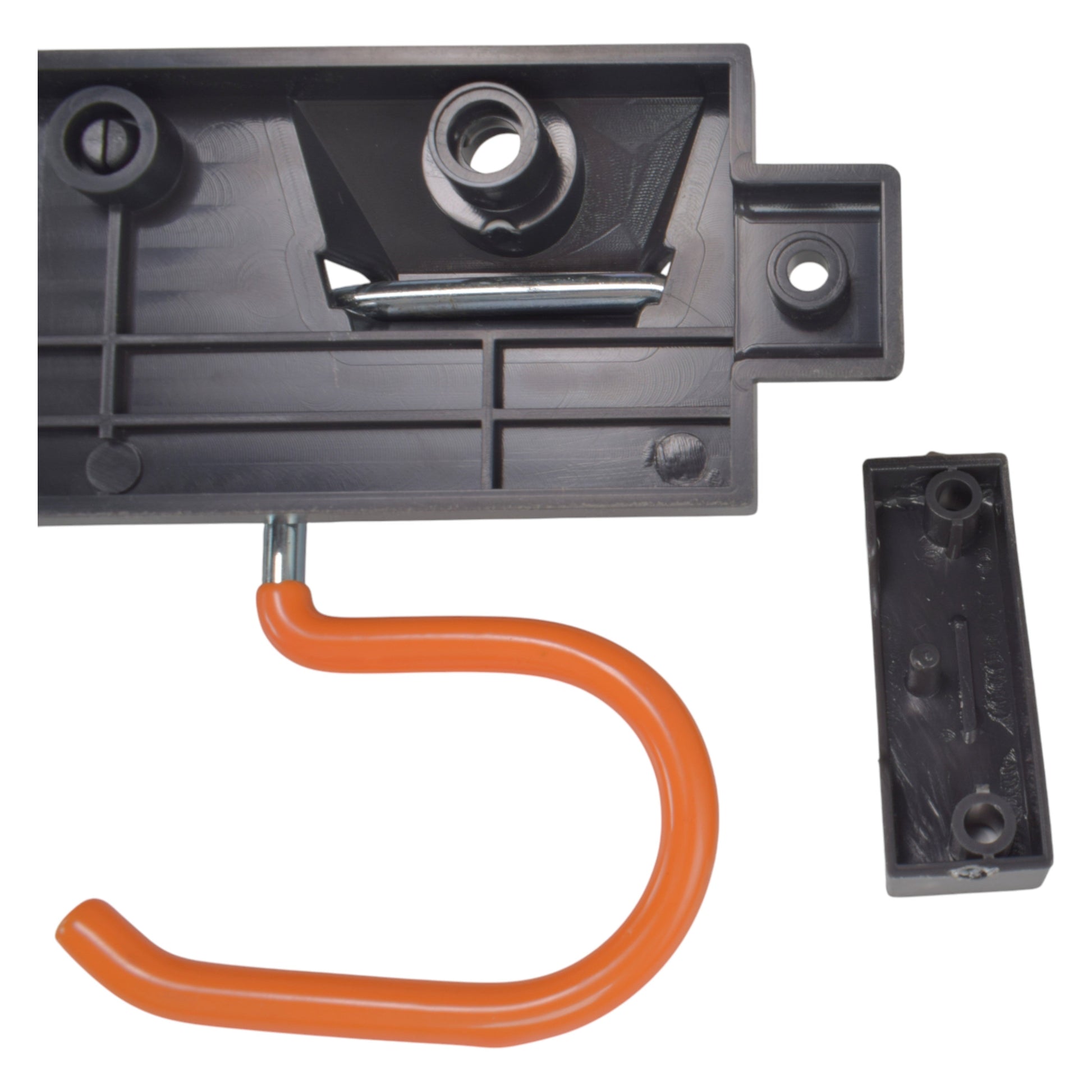 Black end bracket of tool rail with fixing holes and an orange S-hook