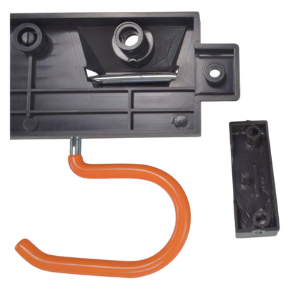 Black end bracket of tool rail with fixing holes and an orange S-hook