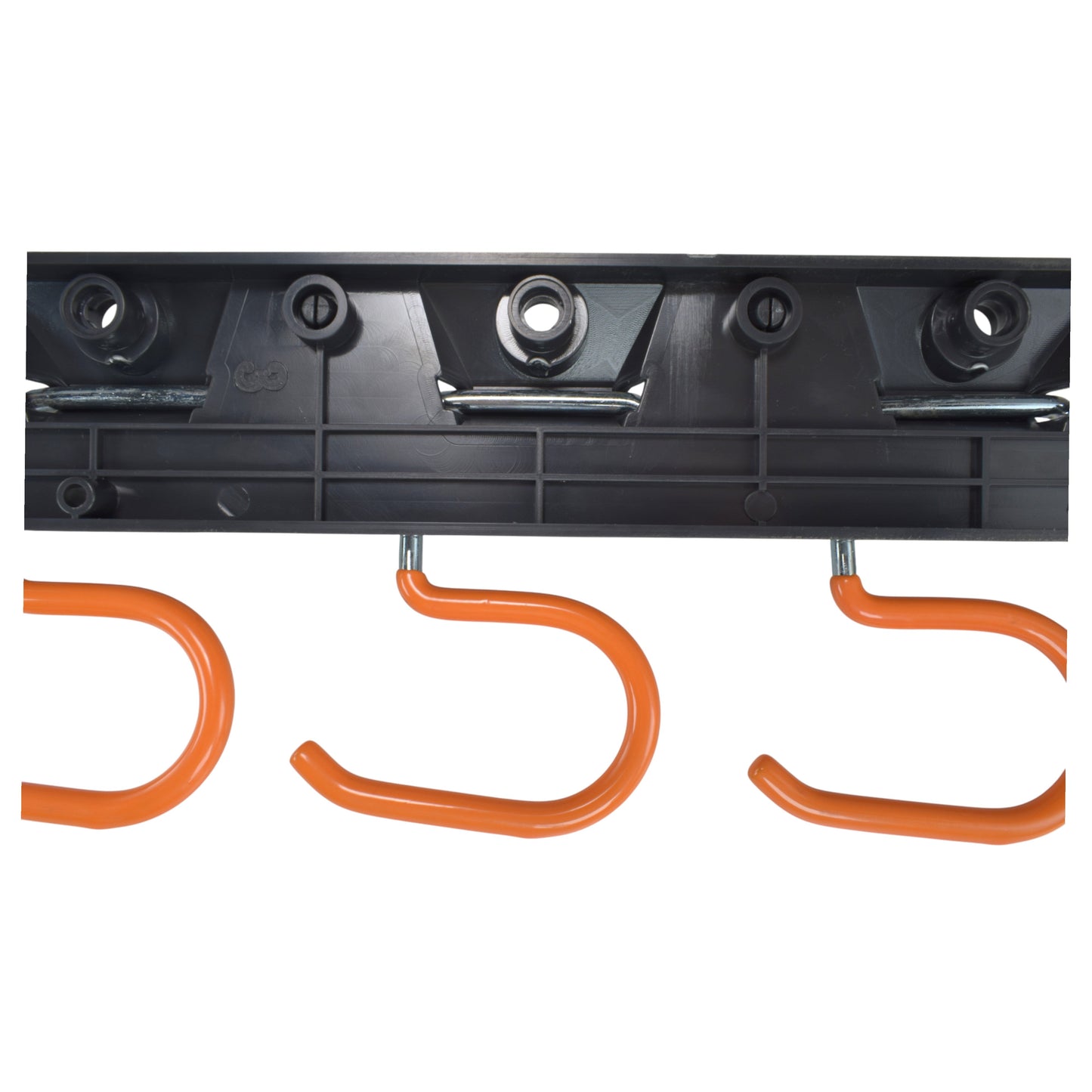 Black tool rail top with peg sockets and orange S-hooks