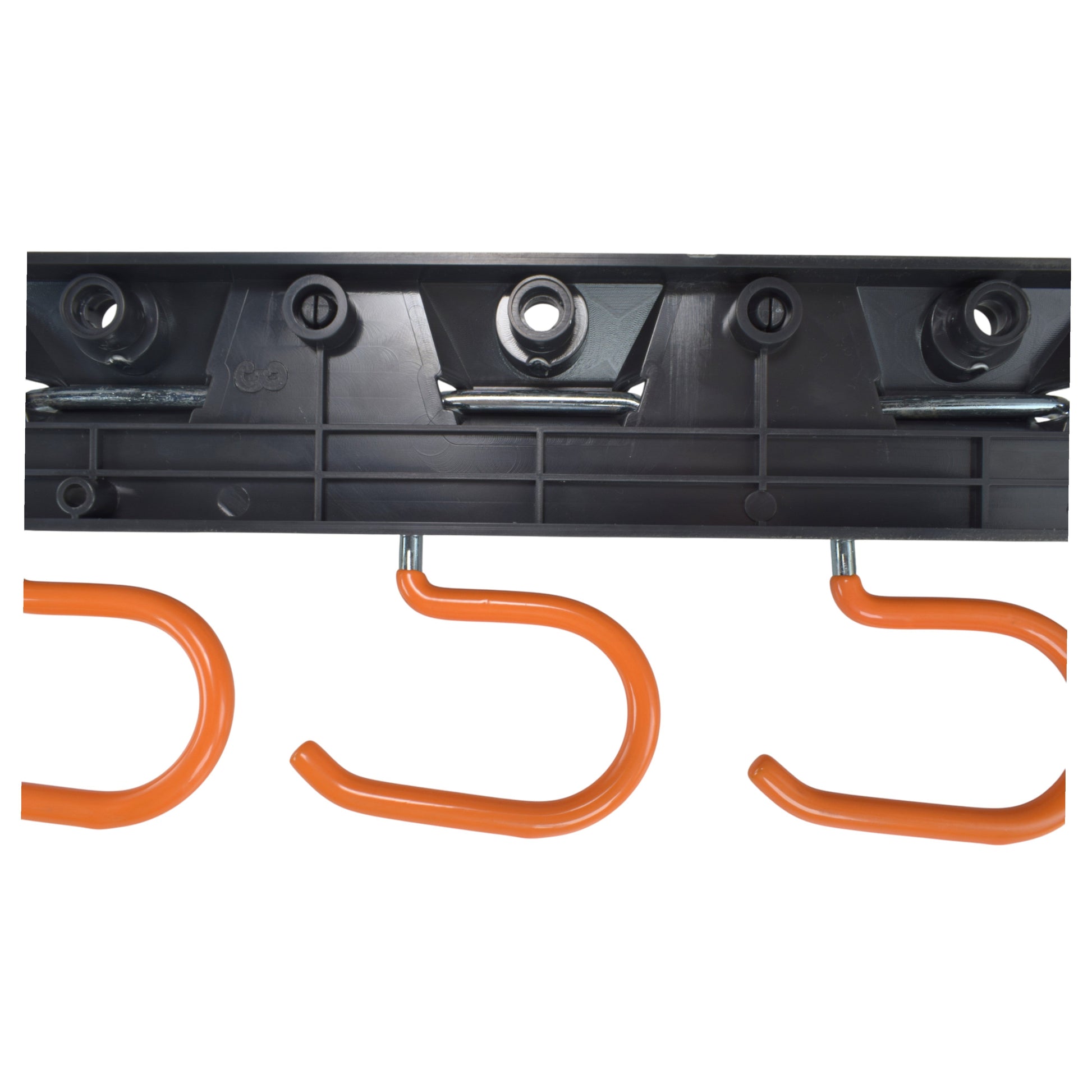 Black tool rail top with peg sockets and orange S-hooks