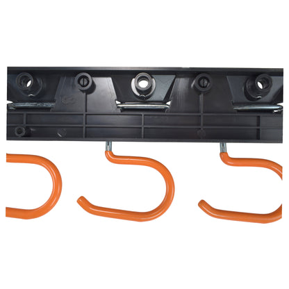 Black tool rail top with peg sockets and orange S-hooks