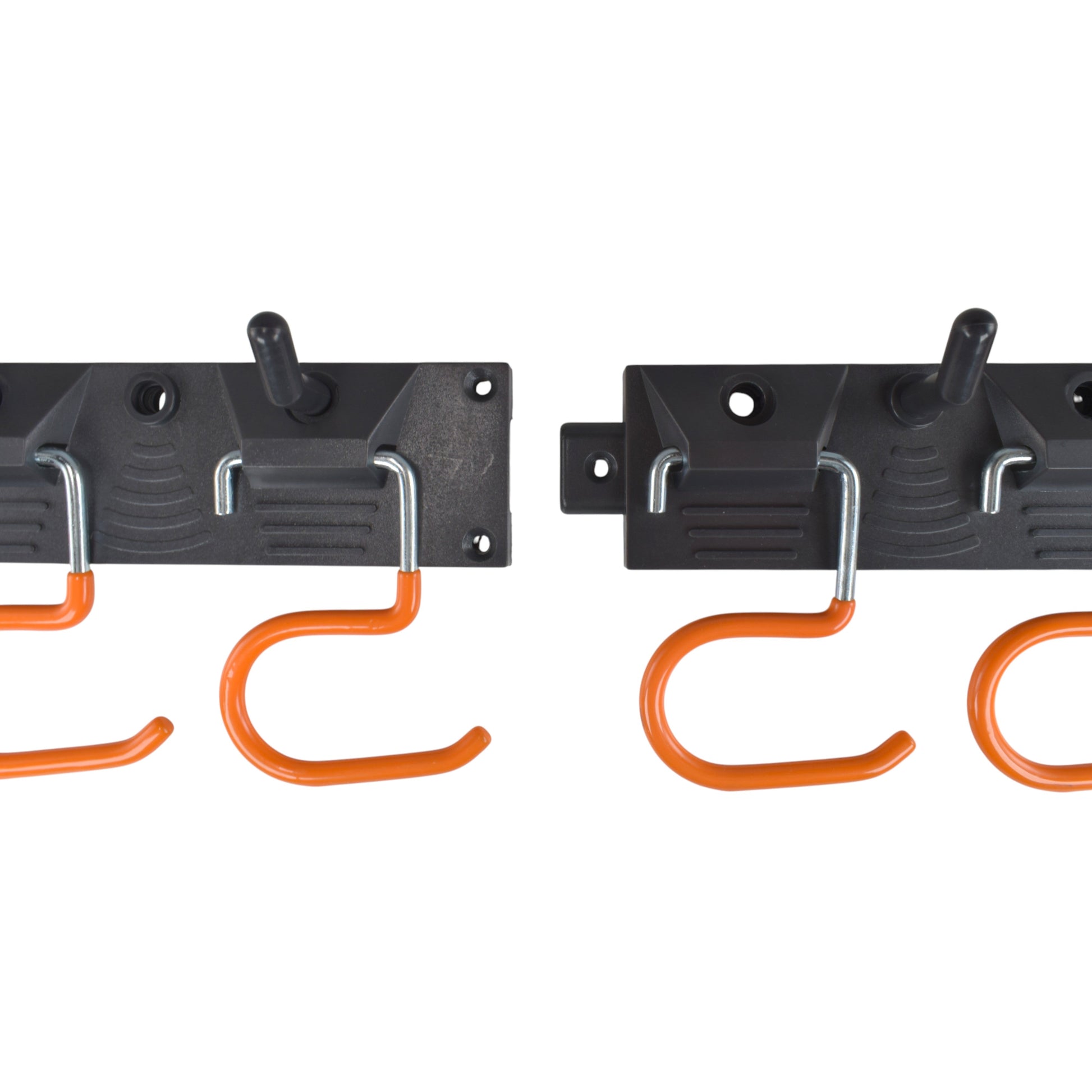 Tool rail showing paired adjustable peg hooks with orange S-hanging hooks
