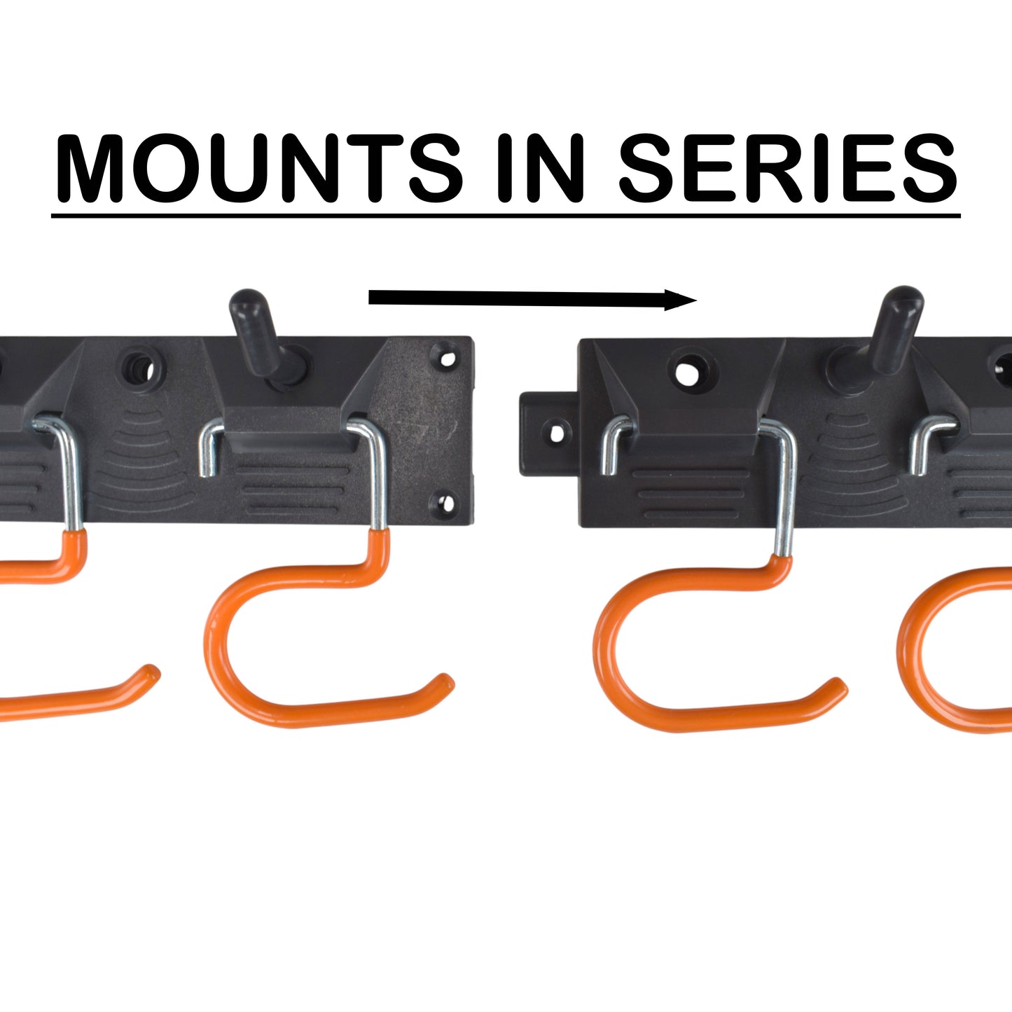 Tool rail section with several orange S-hooks hanging from black peg bases