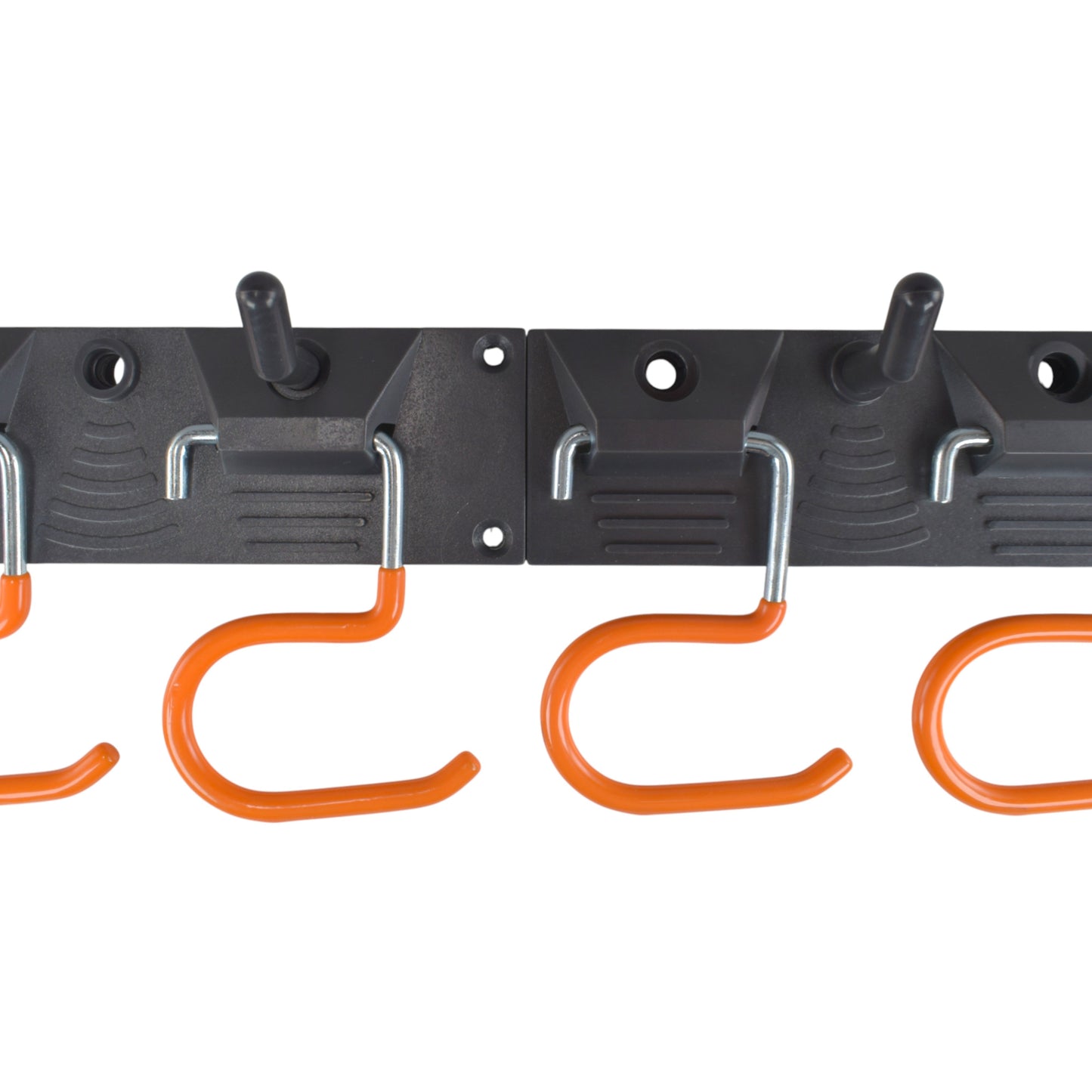 Orange U-hooks and metal brackets on black tool rail