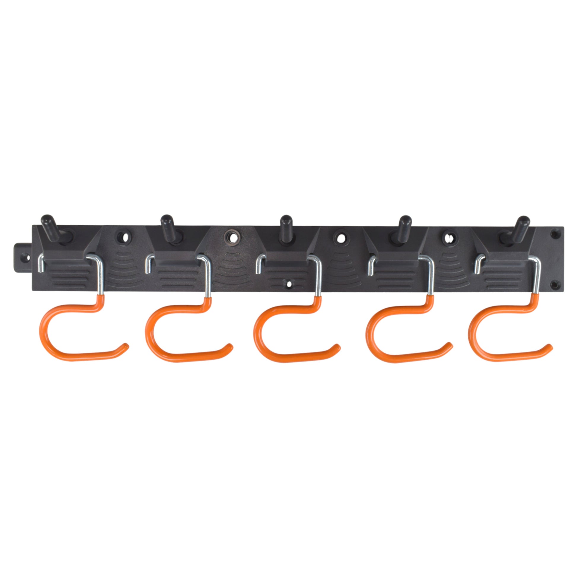 Black tool rail with 5 orange hanging hooks and adjustable peg supports