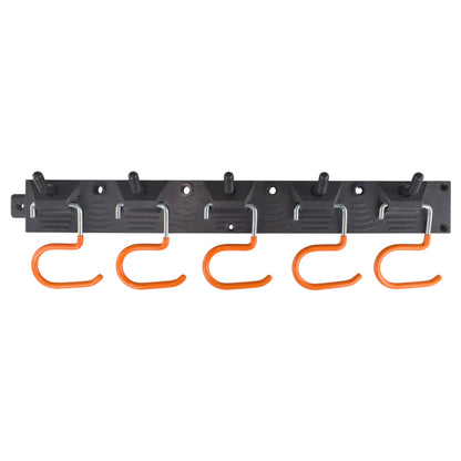 Black tool rail with 5 orange hanging hooks and adjustable peg supports