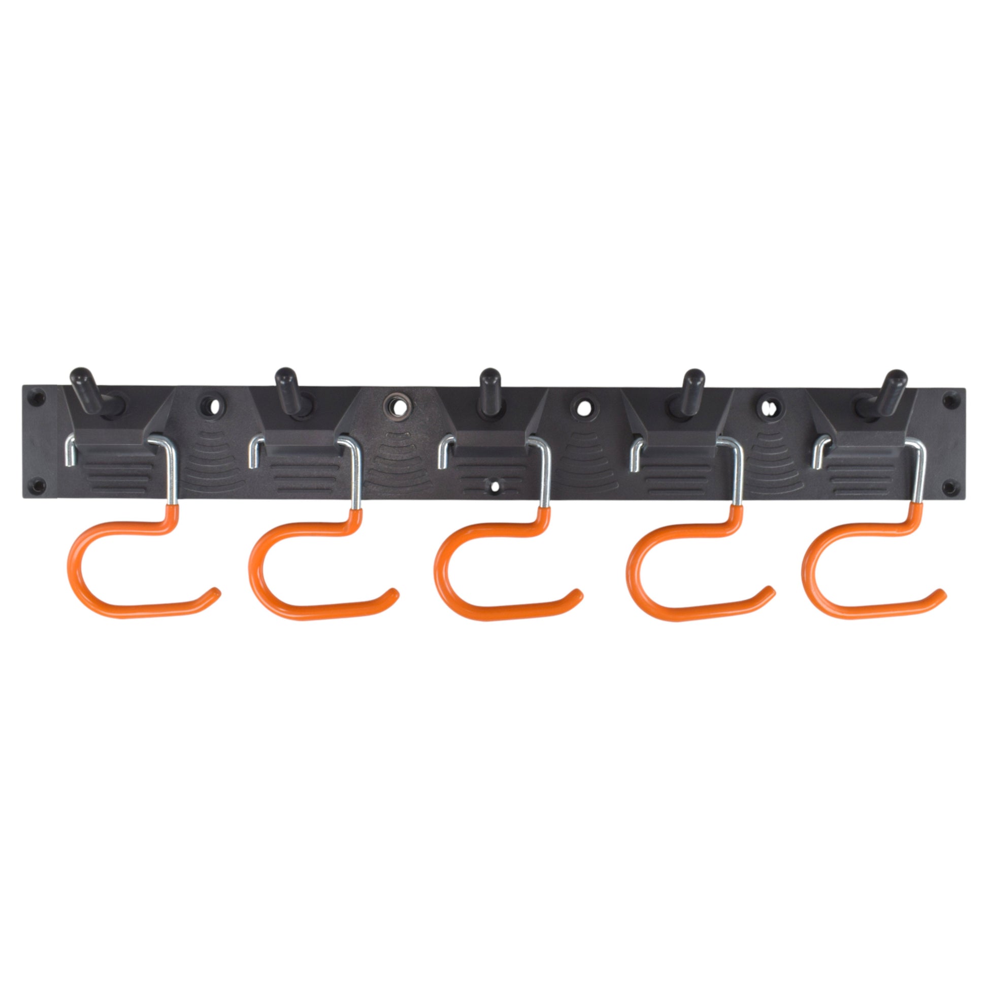 Black tool rail with six orange hanging hooks along the bar