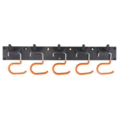 Black tool rail with six orange hanging hooks along the bar