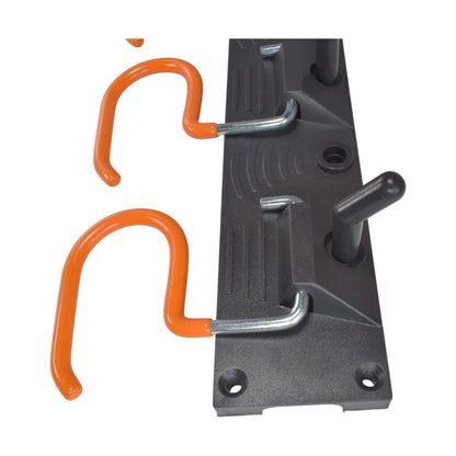 Orange S-hook on adjustable peg holder attached to black tool rail