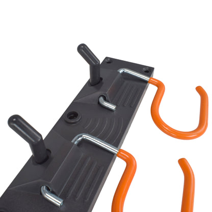 Tool rail: orange adjustable peg hooks and black hanging hooks