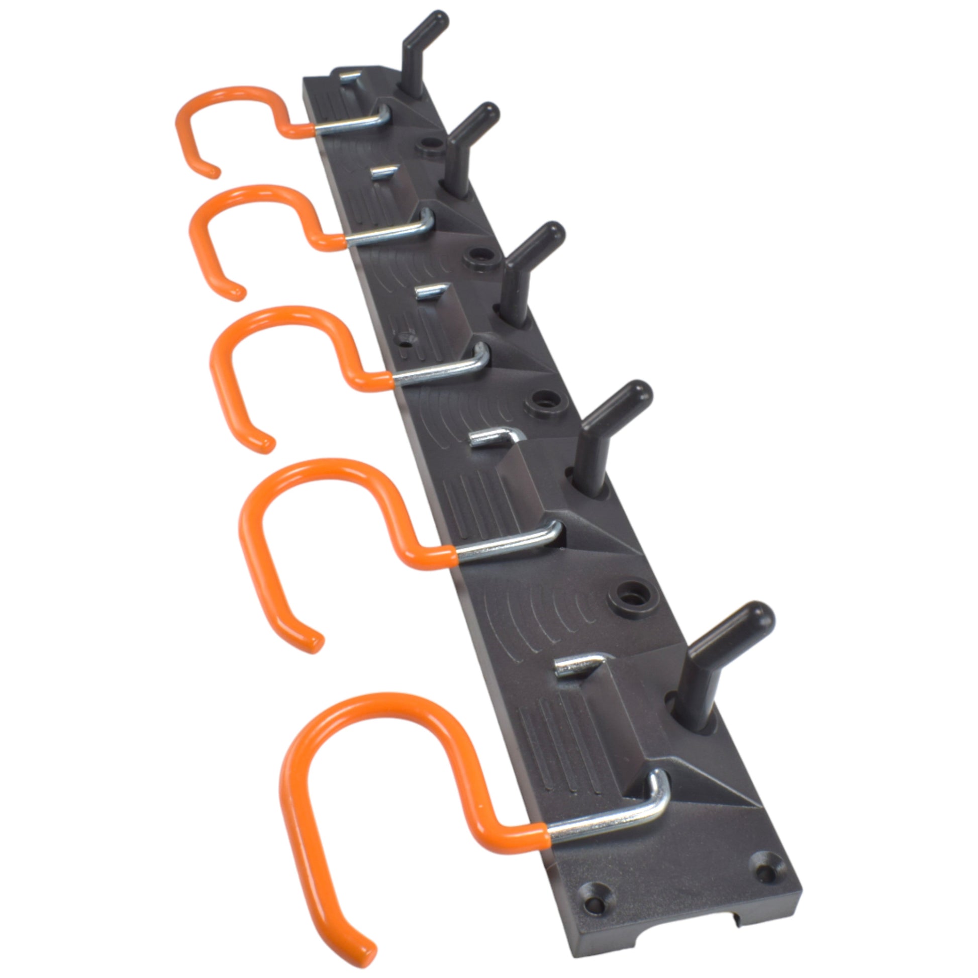 Black tool rail with five orange U-shaped hanging hooks