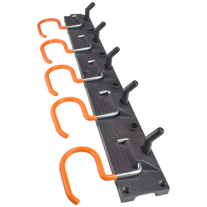 Black tool rail with five orange U-shaped hanging hooks