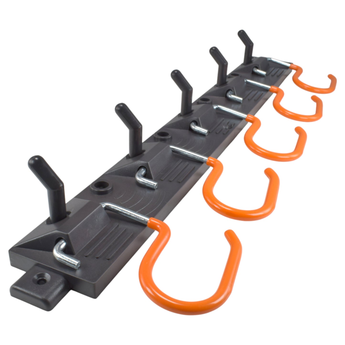 Tool rail with multiple orange hooks and adjustable peg holders
