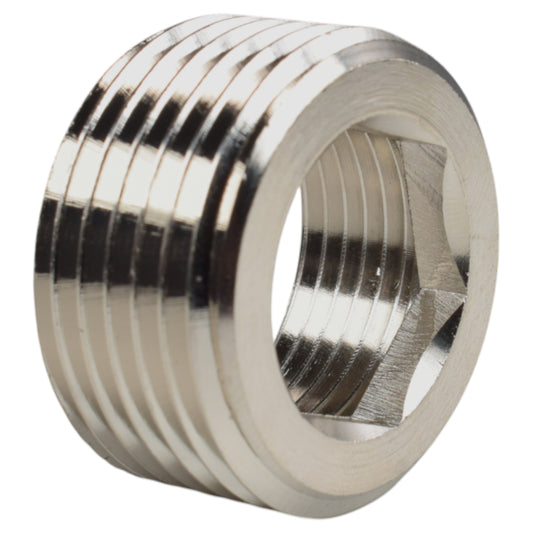 Nickel-plated BSP thread conversion cap, close-up of external ridged threads