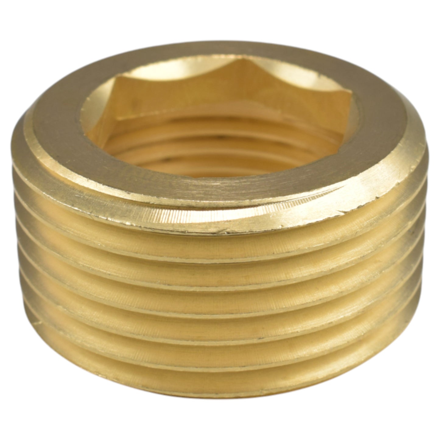 Brass BSP thread conversion cap, 1" BSPM to 3/4" BSPF, face view with hex fitting
