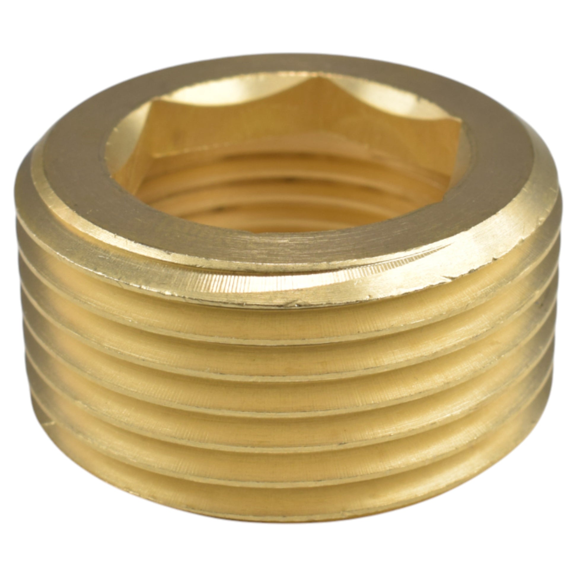Brass BSP thread conversion cap, 1" BSPM to 3/4" BSPF, face view with hex fitting