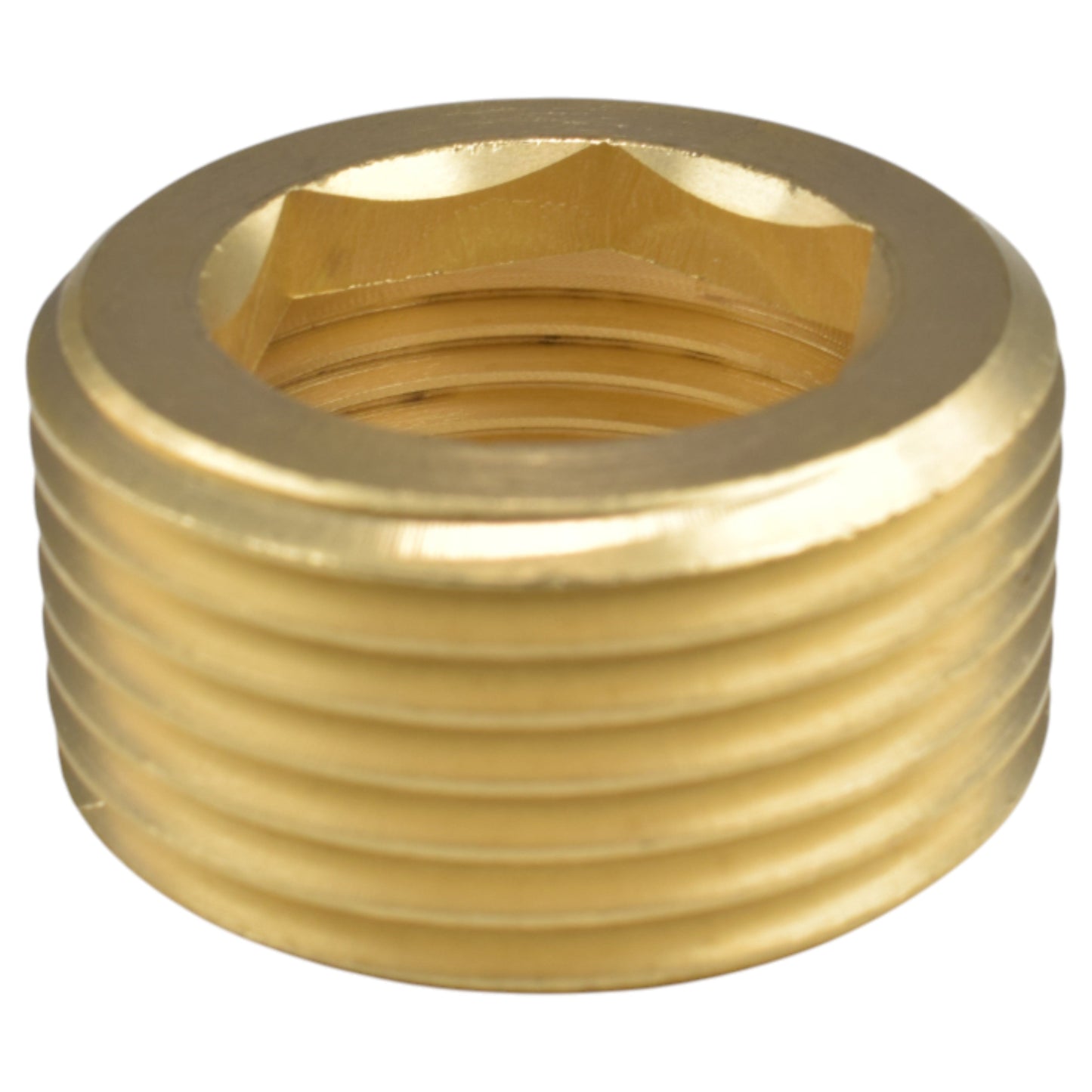 Brass BSP thread conversion cap, 1" BSPM to 3/4" BSPF, close-up face with hex recess