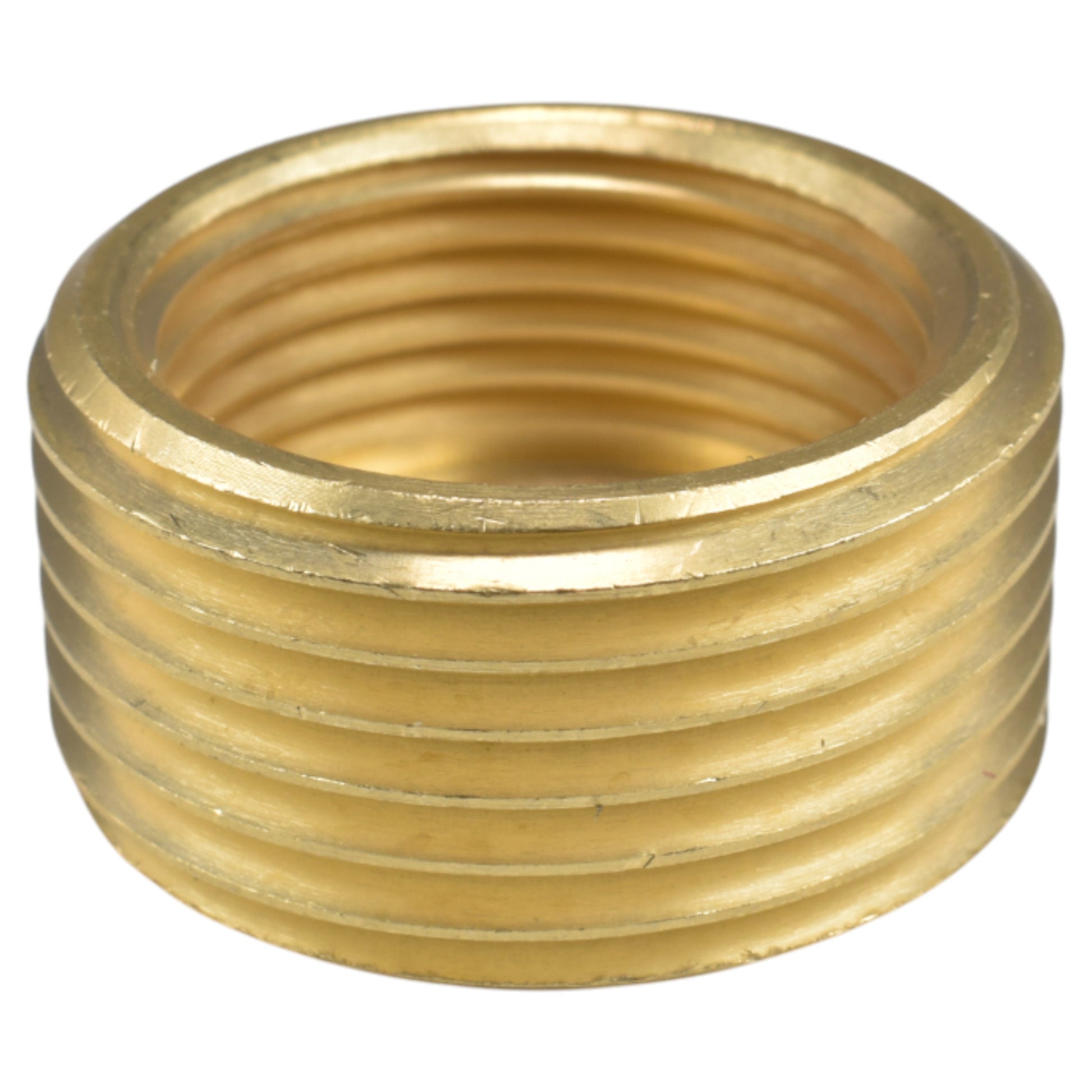 Brass BSP thread conversion cap, 1" BSPM to 3/4" BSPF, top thread detail view