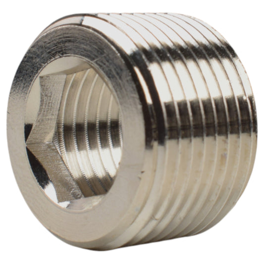 Nickel-plated thread conversion cap: BSP 3/4in BSPM to 1/2in BSPF