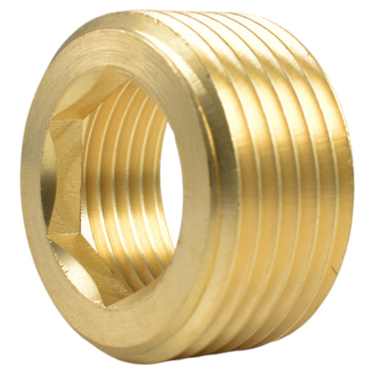 Brass BSP thread conversion cap, 1" BSPM to 3/4" BSPF, front internal threads