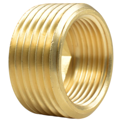 Brass BSP thread conversion cap, 1" BSPM to 3/4" BSPF, side view of threads
