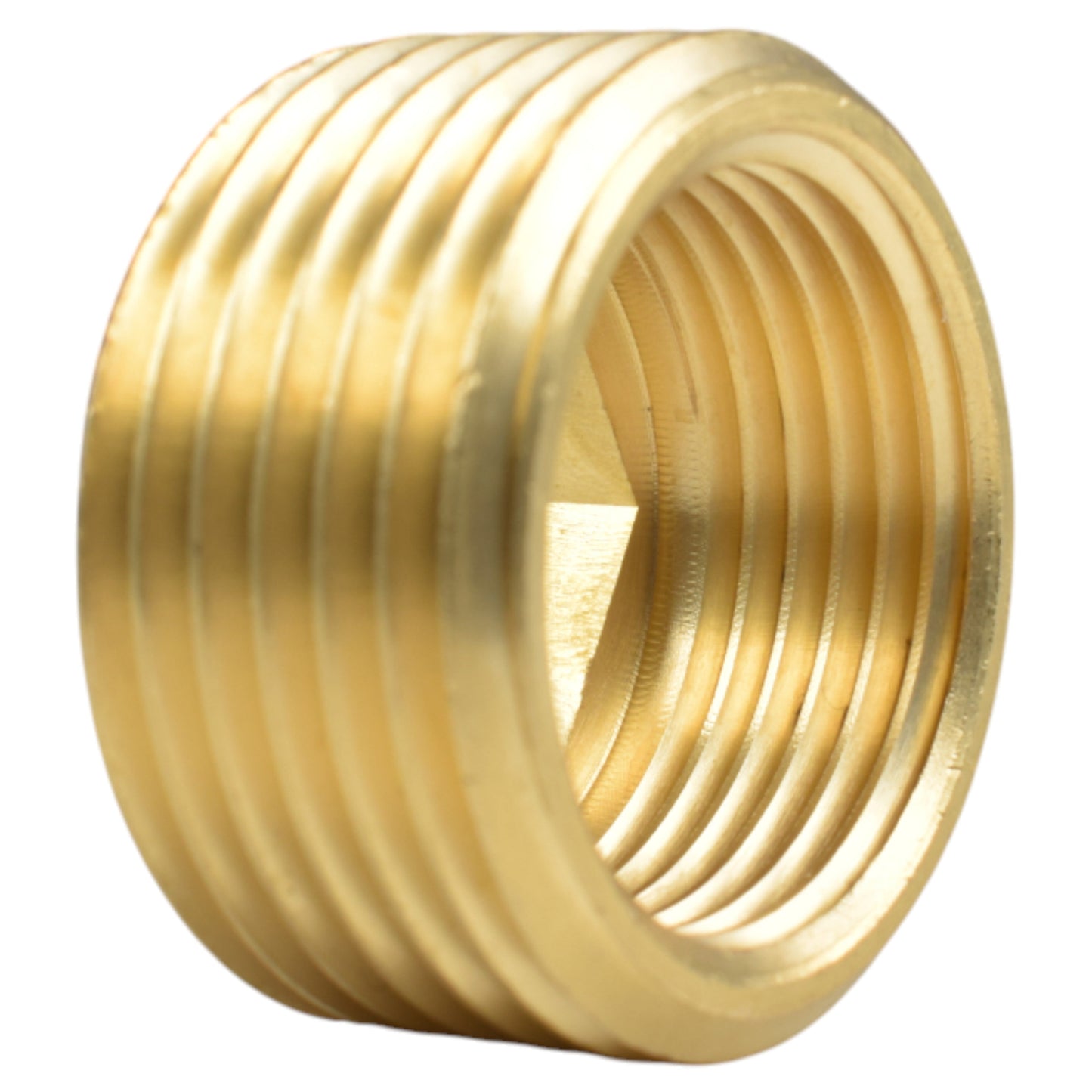 Brass BSP thread conversion cap, 1" BSPM to 3/4" BSPF, angled view of internal bore